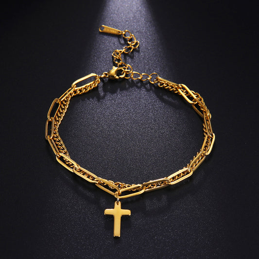 Trendy Titanium Steel Double Layer Cross Chain Bracelet