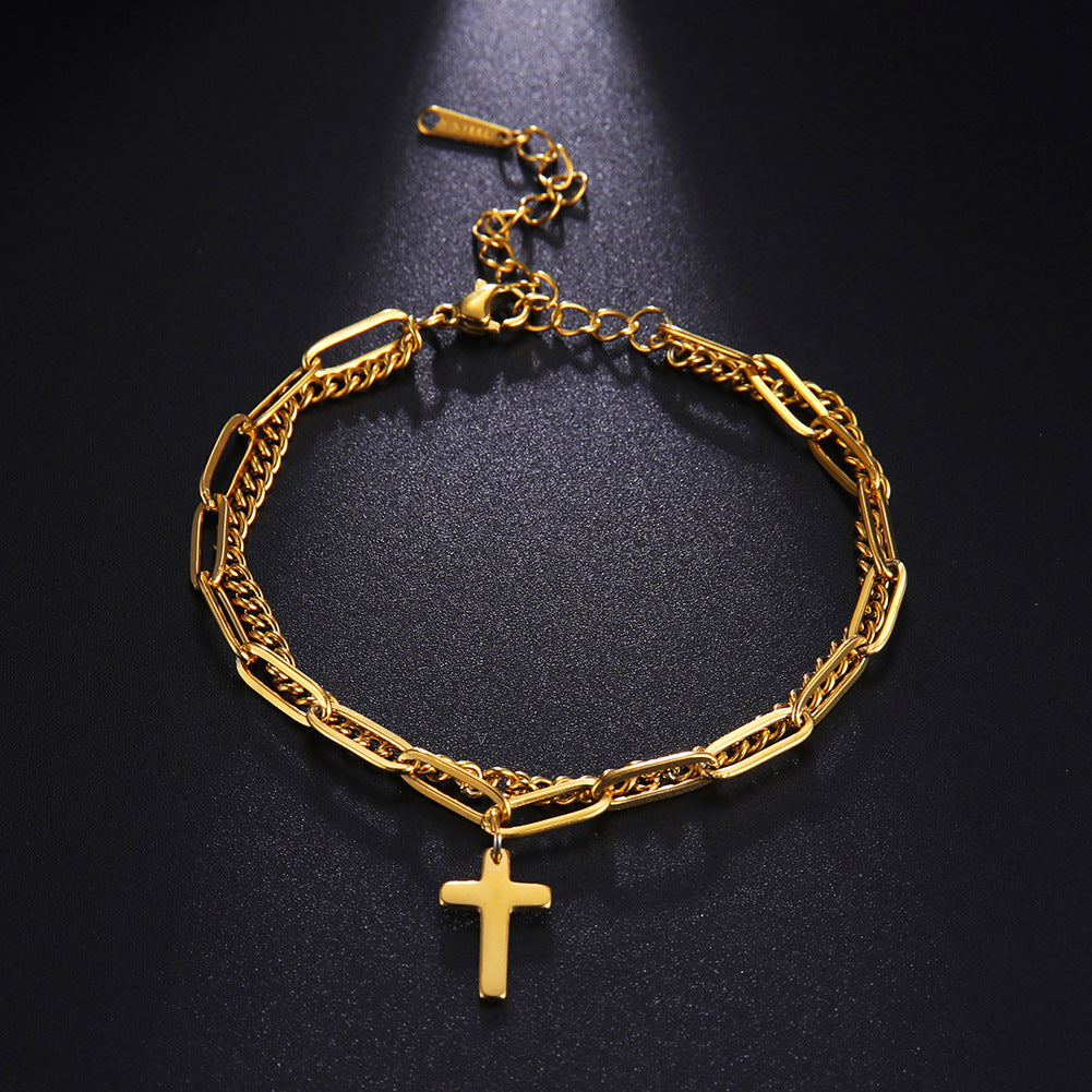Trendy Titanium Steel Double Layer Cross Chain Bracelet