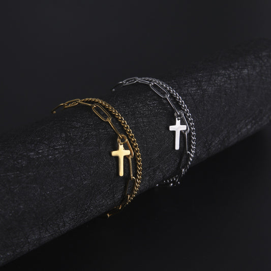 Trendy Titanium Steel Double Layer Cross Chain Bracelet